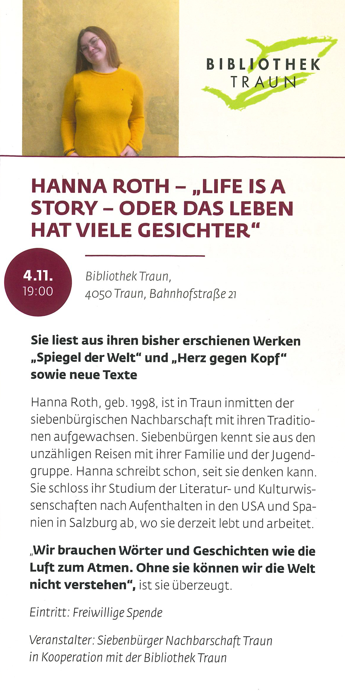 13. Siebenbürgischer Kulturherbst in OÖ – Hanna Roth – Life is a Story – oder das Leben hat viele Gesichter