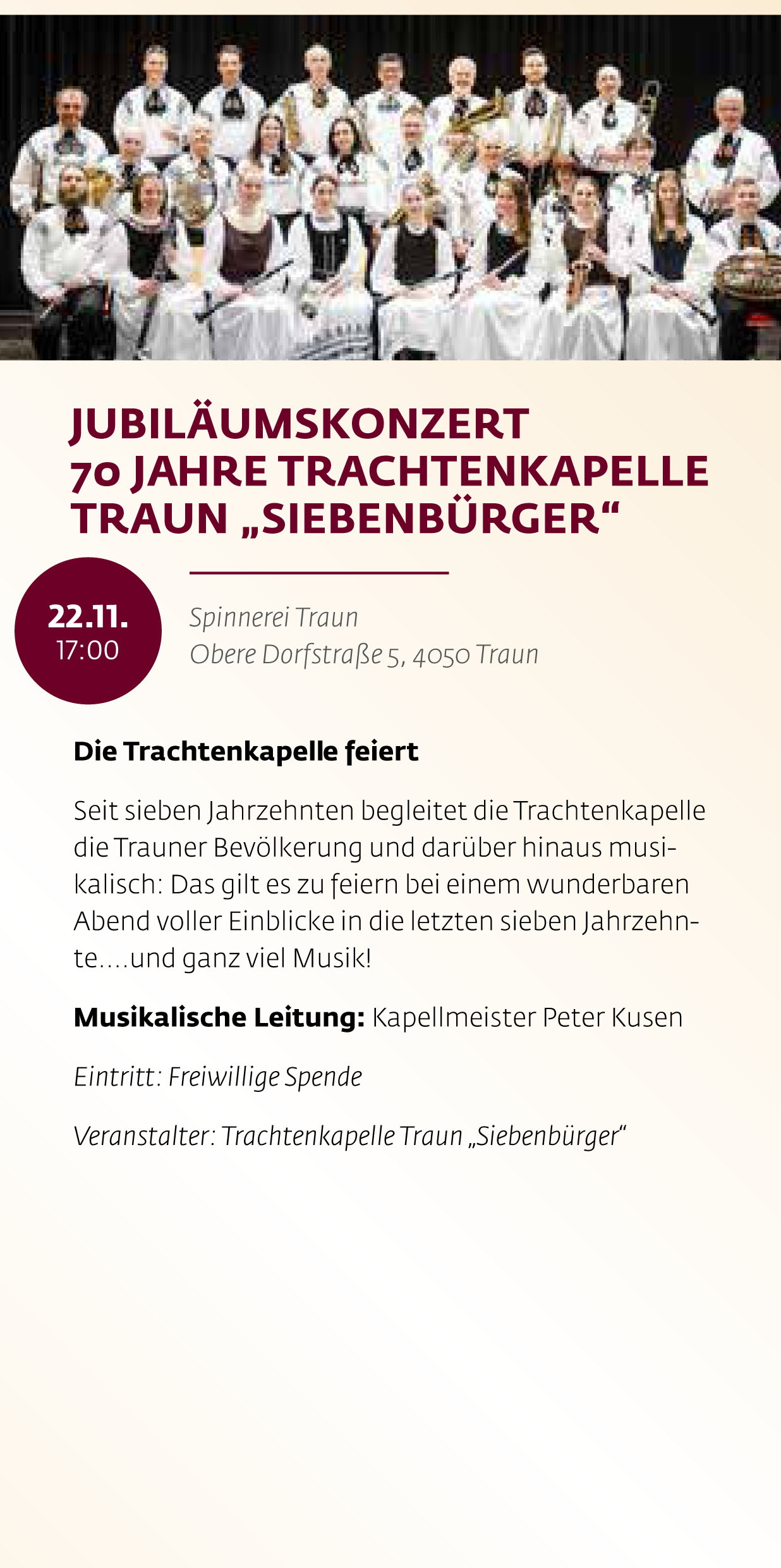 Siebenbürgischer Kulturherbst – Jubiläumskonzert „70 Jahre Trachtenkapelle Siebenbürger Traun“