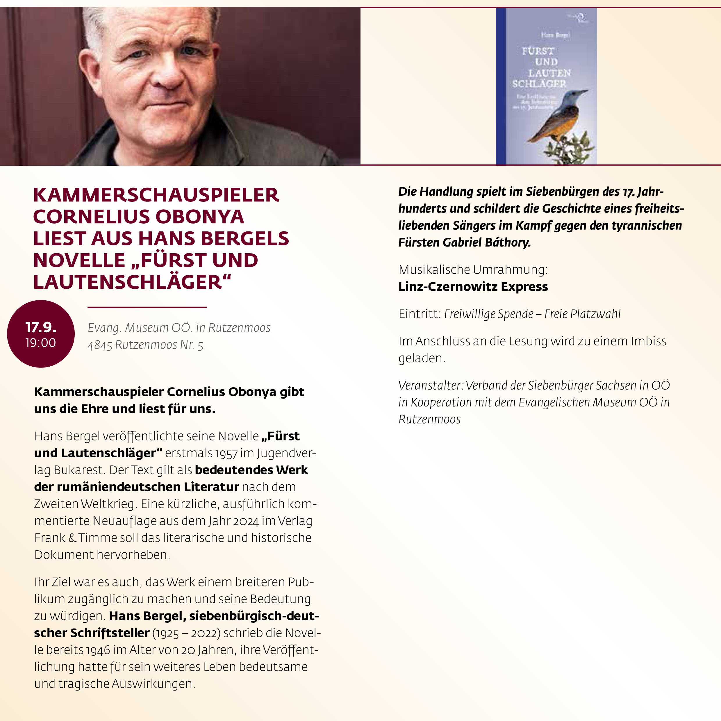 Siebenbürgischer Kulturherbst – Cornelius Obony liest
