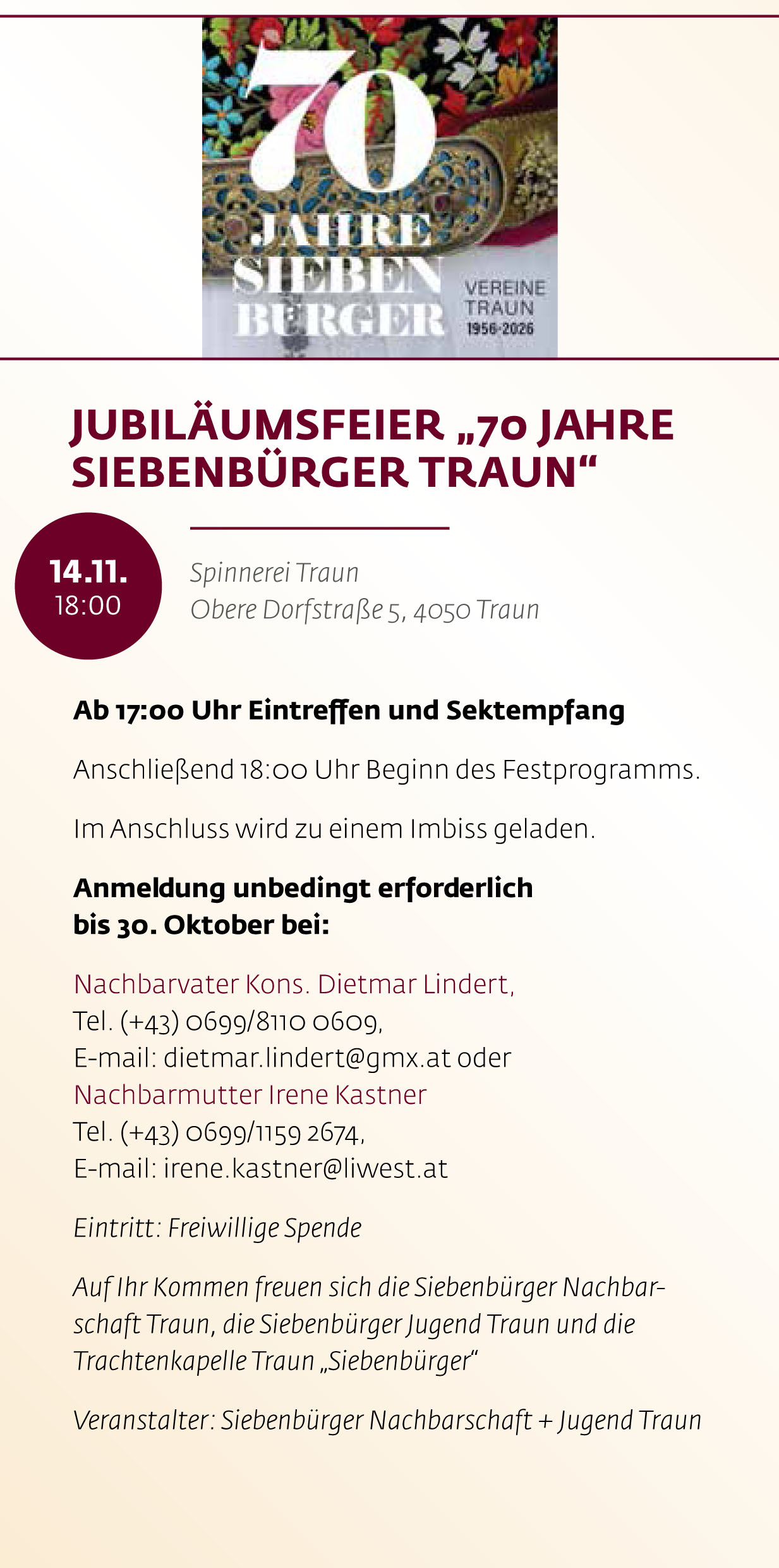 Siebenbürgischer Kulturherbst – Jubiläumsfeier „70 Jahre Siebenbürger Traun“
