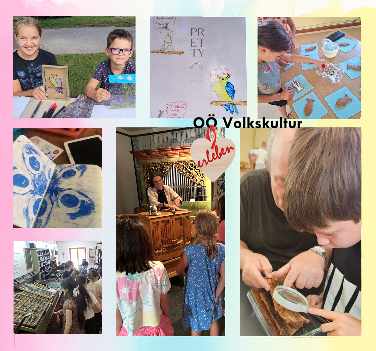 Kinder gestalten Kunstwerke, OÖ Volkskultur-Ausstellung und ein Mann mit Lupe untersucht ein Objekt.
